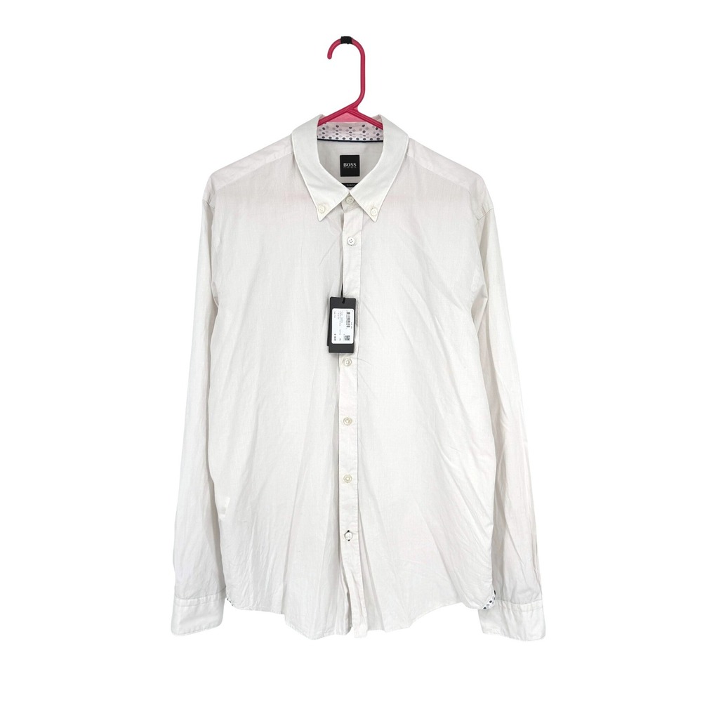 NEW Hugo Boss Rod_53 Slim Fit Button Down Shirt Sheer Embroider Natural White XL